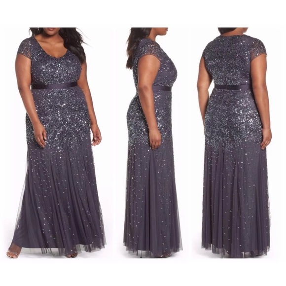 Adrianna papell Gunmetal grey sequin& beaded cap sleeves Long Dress - Picture 2 of 15